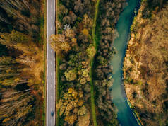 秋色森林中河流与道路的空中景观