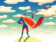 水彩插图。超级英雄站在他的背部和投掷他的红色面具在天空和云彩背景