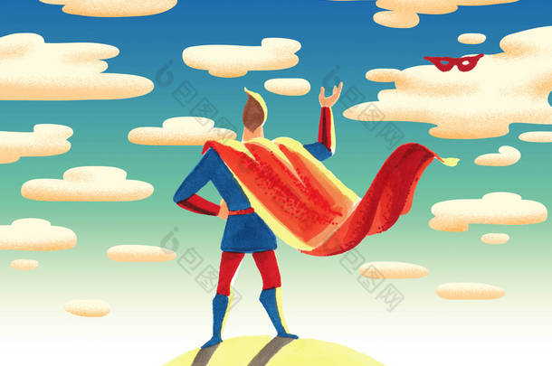 水彩插图。超级英雄站在他的背部和投掷他的红色面具在天空和云彩背景