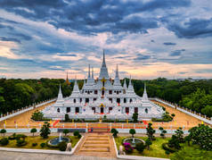 Samut Prakan, Thailand / September 27, 2020：Wat Asokaram, Aerial View of White Buddhist Pagoda with 