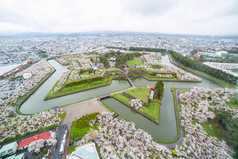 1855年, 在日本北海道函馆, 戈里亚卡库公园的顶部景观是建筑之星, 以保护城市建设, 并使用大量的工人来建造城市建筑