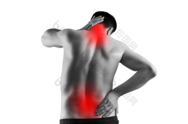 男性身体<strong>疼痛</strong>，背部<strong>疼痛</strong>、坐骨神经痛和脊柱侧弯隔离在白色背景上，脊医治疗概念