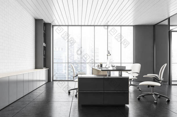 白色办公室大堂接待室，桌上有笔记本电脑，还有三把白色椅子、白色砖墙和俯瞰摩天大楼的大窗户。客户的办公室，3D渲染没有人