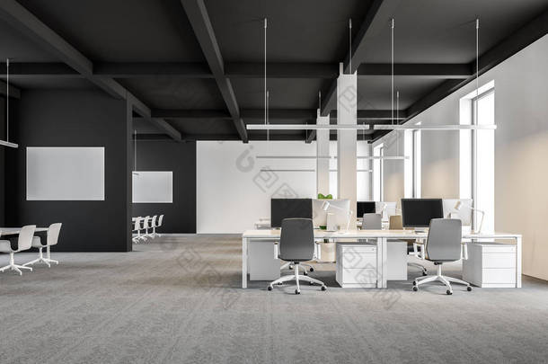 现代国际<strong>公司</strong>办公室与深灰色和白色<strong>墙</strong>壁, 并且计算机桌站立在列。工业风格。管道。<strong>墙</strong>上的横幅。3d 渲染模拟