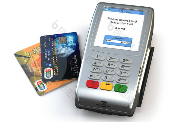 Pos 终端用信用卡在白色背景上分离。3d