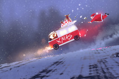 圣诞老人和圣诞礼品袋跳上冬季道路与范