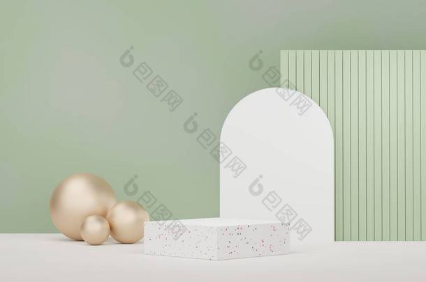 3D抽象的白色平台展示产品和化妆品与terrazzo理念的概念。最小的Podium模型和广告。Web横幅渲染几何设计场景.