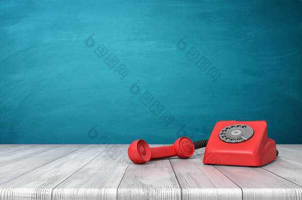 3d 渲染的是鲜红色的拨号电话站在一张木制书桌和蓝色墙背景.
