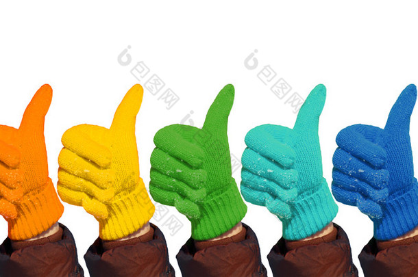 双手在彩虹手套展示姿态好上白色，拼贴画