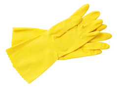 孤立在白色的黄色橡胶手套