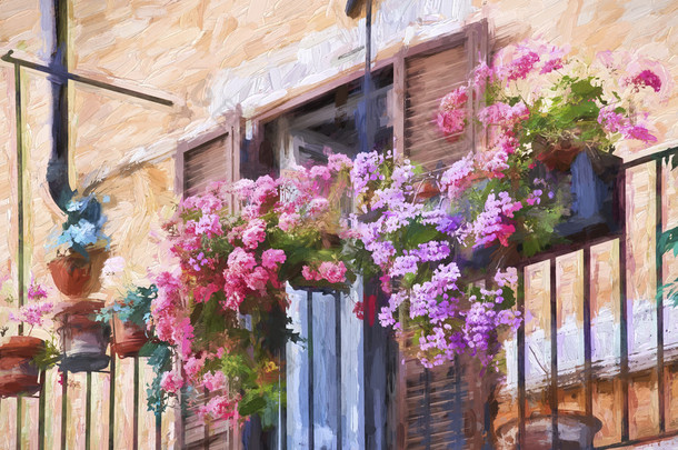 印象派艺术的装饰在意大利罗马一家的阳台上的花