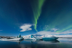 jokulsarlon，冰岛冰湖北极光