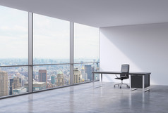 A workplace in a modern corner panoramic office in New York, Manhattan. A black leather chair and a 