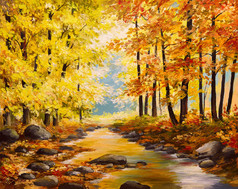 油油漆、 多彩秋天的树木，印象派艺术