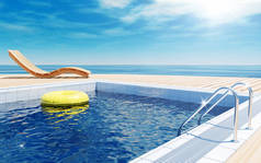 蓝色的泳池，带黄色生活圈上漂浮水面，沙滩躺椅上木地板、 阳光甲板上暑假，3d 渲染的海景房