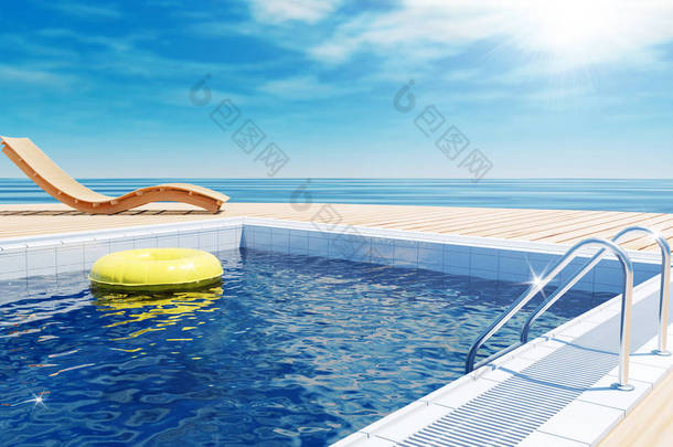 蓝色的泳池，带黄色生活圈上漂浮水面，沙滩躺椅上木地板、 阳光甲板上暑假，3d 渲染的海景房