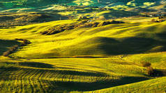 沃尔泰拉全景，起伏的山峦、 田野和草地。托斯卡纳，它