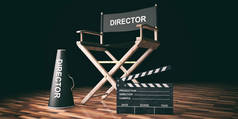 电影导演椅和阀瓣上木制的背景。3d 图