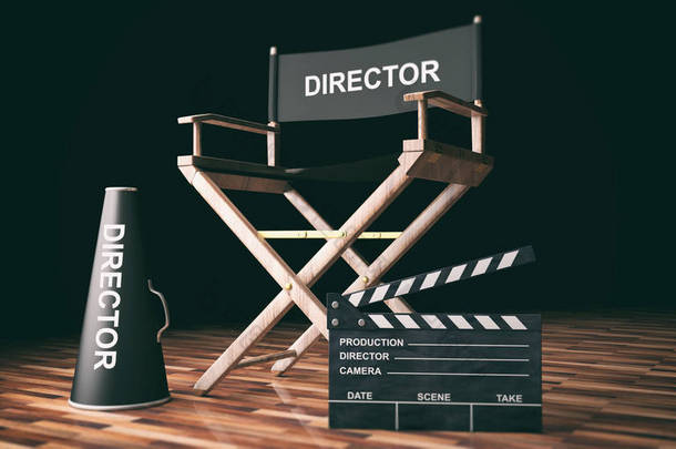 电影导演椅和阀瓣上木制的背景。3d 图