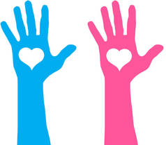 粉色和蓝色的手与心