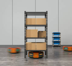 橙色的机器人携带与现代仓库中的货物托盘