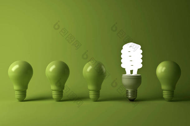 生态节能灯泡，站亮灯的白炽灯思考绿色背景、 个性和不同的概念，从一个发光紧凑荧光灯灯泡。3d 渲染