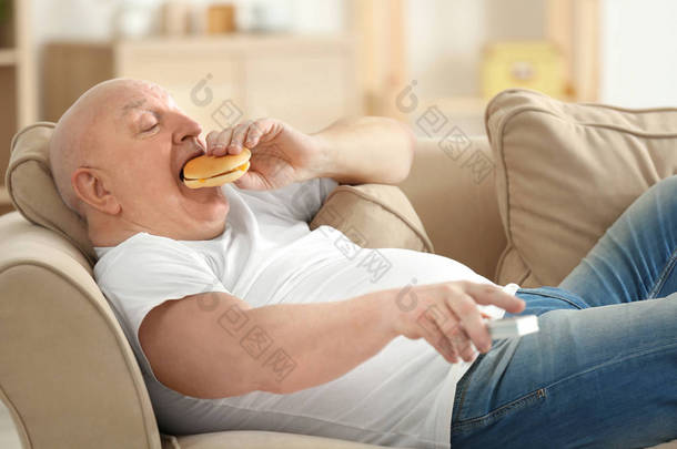 高级胖子看电视，一边躺在沙发上在家里吃汉堡包。<strong>久坐不动</strong>的生活方式的概念