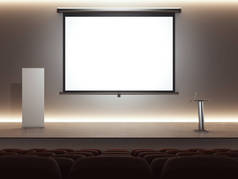 黑暗的演讲室与数字上讲台和大屏幕。3d 渲染