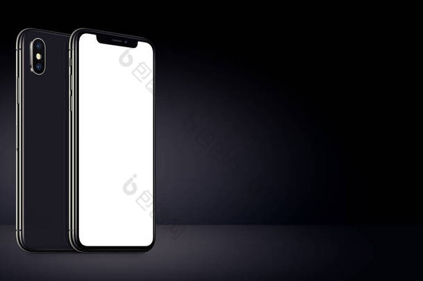 黑色旋转智能手机类似于 iphone X 模型正面和背面的黑色背景横幅，具有复制空间