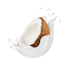 椰子与牛奶飞溅特写, 隔离在白色
