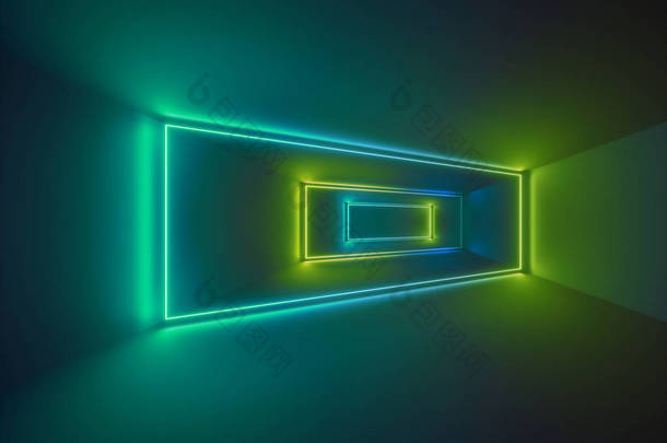 3d 渲染, 激光显示, 夜总会内灯, <strong>绿色</strong>发<strong>光线</strong>, 抽象荧光背景, 房间, 走廊
