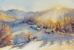 水彩 oryginal 画冬山景观与农家雪覆盖.