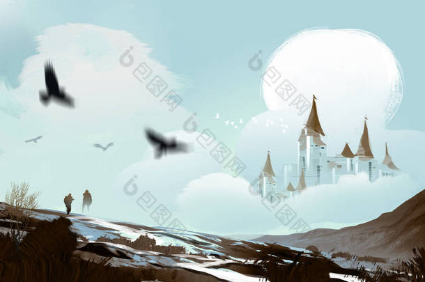 数字艺术插画绘画风格云与雪山的大城堡, 童话, 幻想概念.