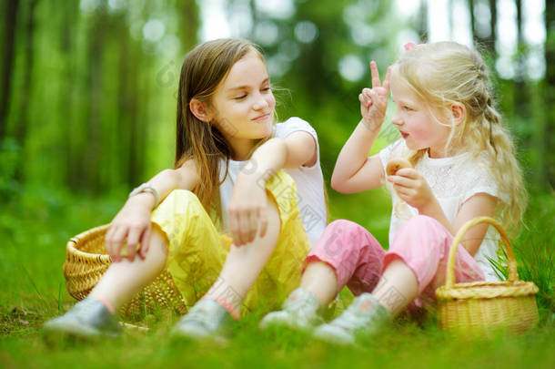 两个可爱的小妹妹在美丽的夏日森林远足时玩得很开心。活跃的<strong>家庭</strong>休闲与孩子。<strong>家庭娱乐</strong>.