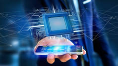 商人使用智能手机与处理器芯片和网络连接-3d 渲染