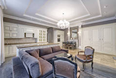 现代设计室内与白色厨房在豪华公寓的灰色和白色色调的房间.