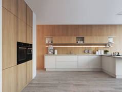 阁楼公寓里的现代北欧厨房。3D渲染