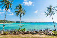 美丽的海岛天堂与椰子棕榈树在海和海滩上白云和蓝天-假日假期概念