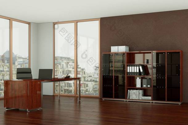 现代棕色家庭办公室内设计3d 渲染