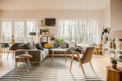 灰色, 木制家具在宽敞的客厅内部, 白色墙壁和外部自然景观