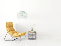 现代客厅，有黄色的扶手椅和灯。丑闻式室内设计家具。3D渲染说明