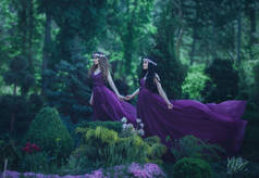 两个公主穿着紫色的连衣裙在风中挥舞着, 在一个美丽的花园的背景下行走。两个不同的姐妹是金发和黑发。童话夏天