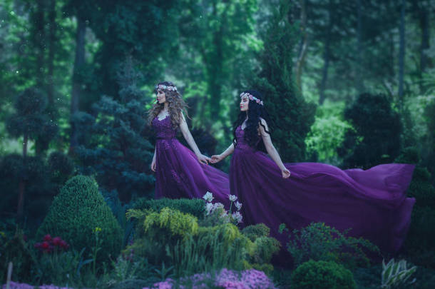 两个<strong>公主</strong>穿着紫色的连衣裙在风中挥舞着, 在一个美丽的花园的背景下行走。两个不同的姐妹是<strong>金发</strong>和黑发。童话夏天
