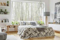宽敞舒适的卧室内饰, 配备一张特大床, 配有灰色靠垫、台灯和桌子, 还有墙上有植物和装饰品的架子。