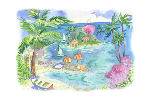 水彩在纸, 与风景, 海, 海岛, 小船, 花, 海滩
