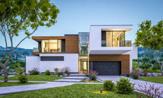 3d. 将现代舒适的房子由河与车库出售或租金与美丽的山在背景下渲染。晴朗的夏日傍晚, 蔚蓝的天空。舒适温馨的窗口灯.