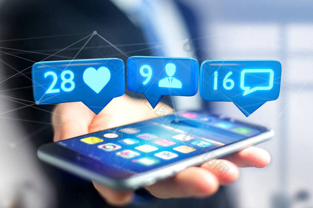 在社交网络上使用智能手机、跟随者和<strong>消息通知</strong>的商人的看法-3d 渲染