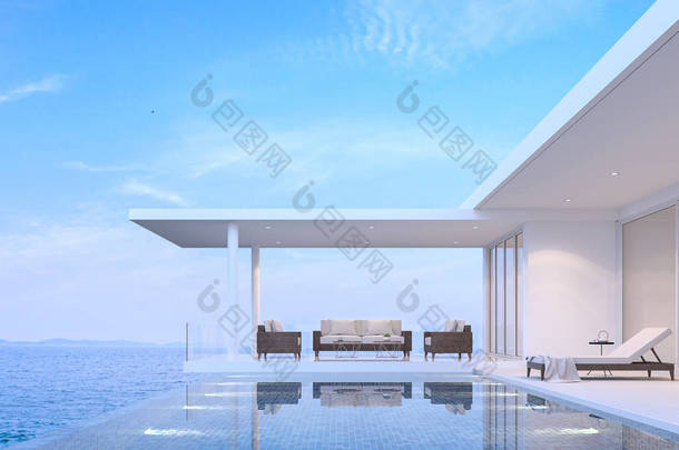 泳池别墅起居室, 带海景3d 渲染。有极小的样式大厦。所有家俱藤家具。俯瞰无国界游泳池和海景房.