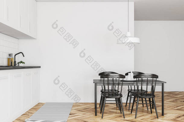 北欧风格的厨房, 白色的墙壁, 木地板, 白色的台面和橱柜和桌子与黑色的<strong>椅子侧面</strong>视图。3d 渲染模拟