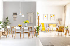 白色椅子在木餐桌在明亮的公寓内部与黄色扶手椅。真实照片